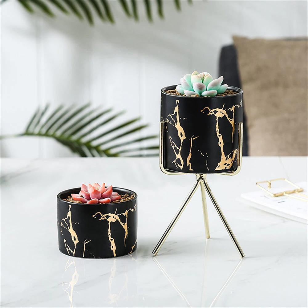 Short Tabletop Marbled Ceramic Planter with Geometric Metal Stand