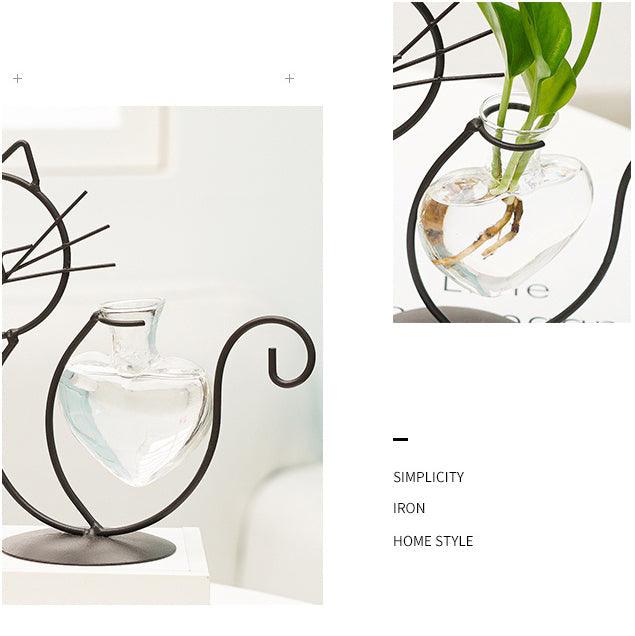 Iron Kitty Cat with Glass Heart Vase Propagation Station Planters