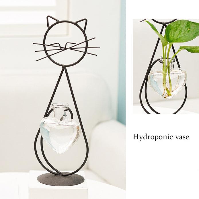 Iron Kitty Cat with Glass Heart Vase Propagation Station Planters