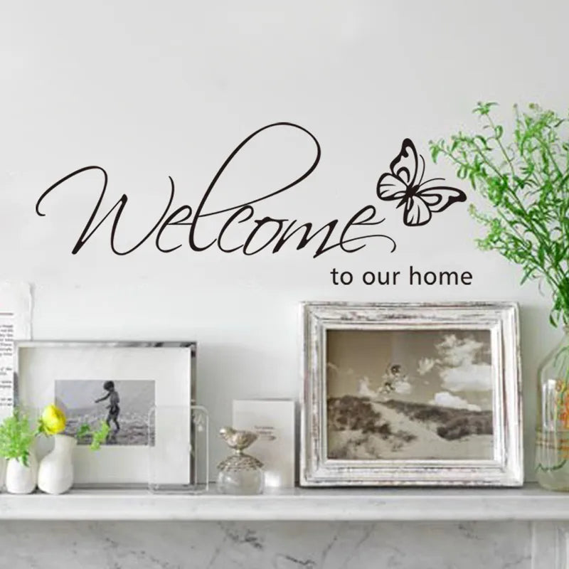 'Welcome To Our Home' Text Patterns Wall Sticker Home Decor Living Room Decals Wallpaper Bedroom Decorative Butterfly Stickers