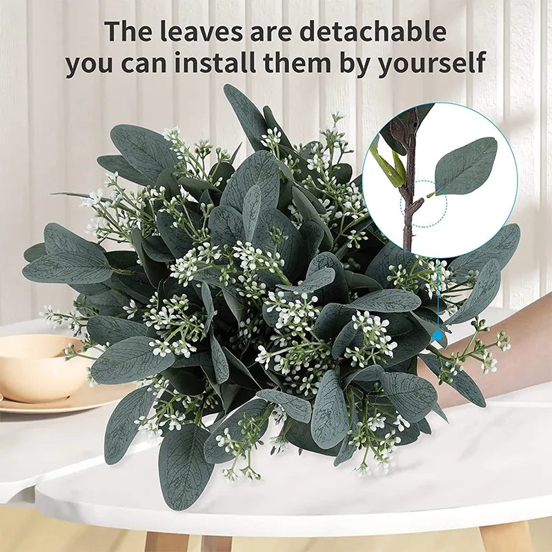 10pcs 12” Eucalyptus Leaves Bunch Branch Artificial Plastic Plants Leaves Green Stems Wedding Faux Fake Flowers Cake DIY Decor