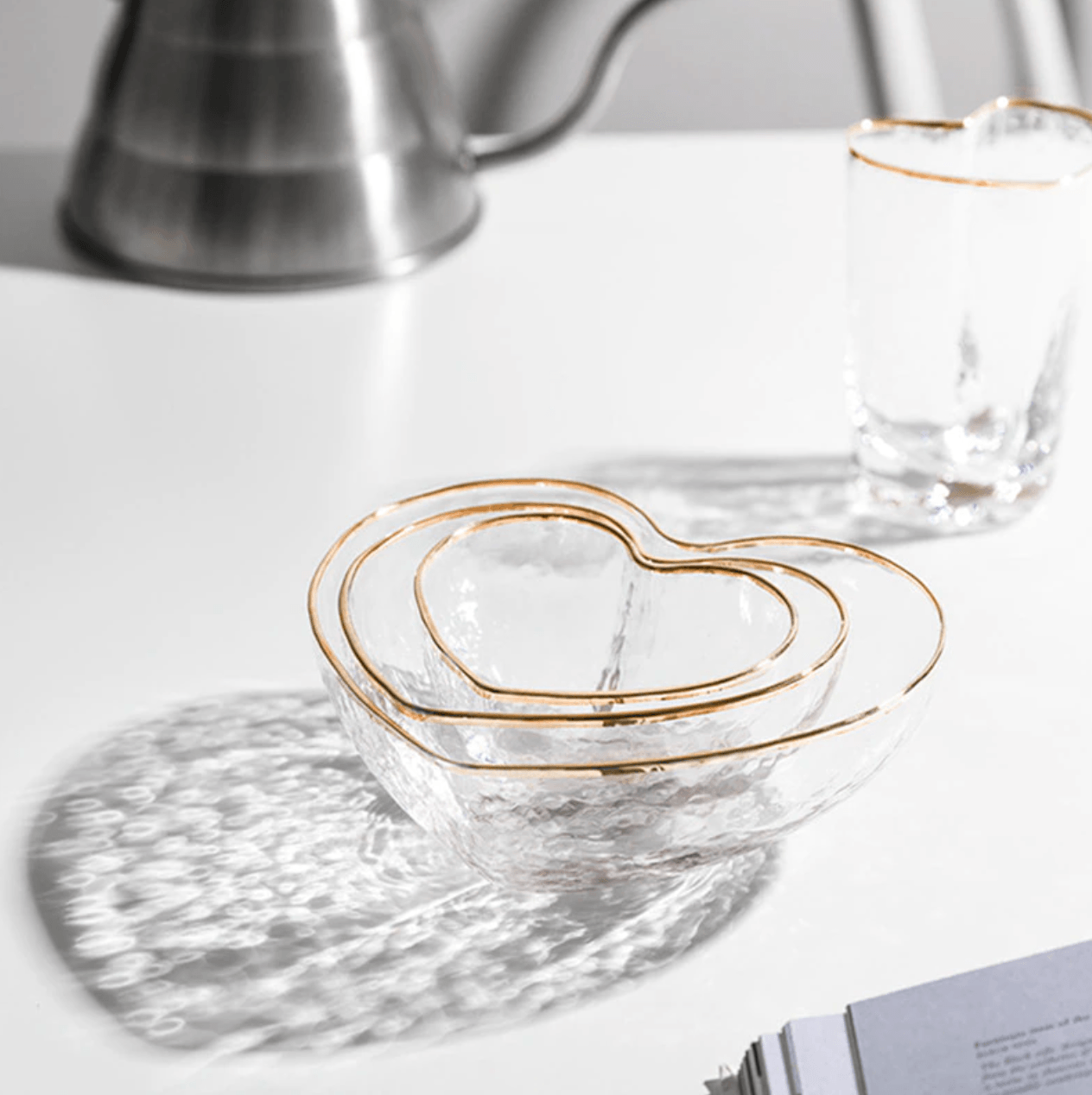 Glass Golden Heart Bowls + Cup