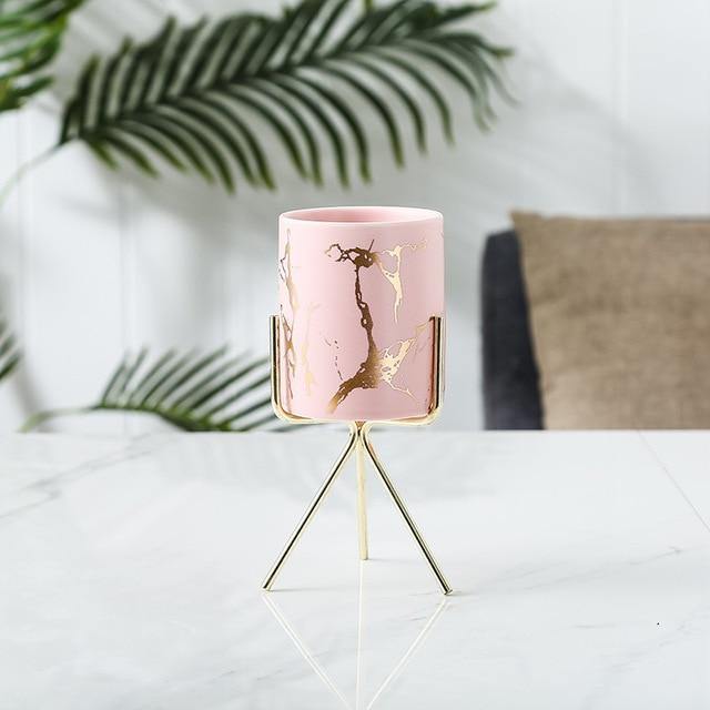 Short Tabletop Marbled Ceramic Planter with Geometric Metal Stand LightPink / Tall | Sage & Sill