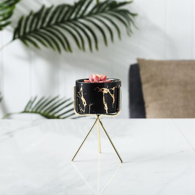 Short Tabletop Marbled Ceramic Planter with Geometric Metal Stand Black / Short | Sage & Sill
