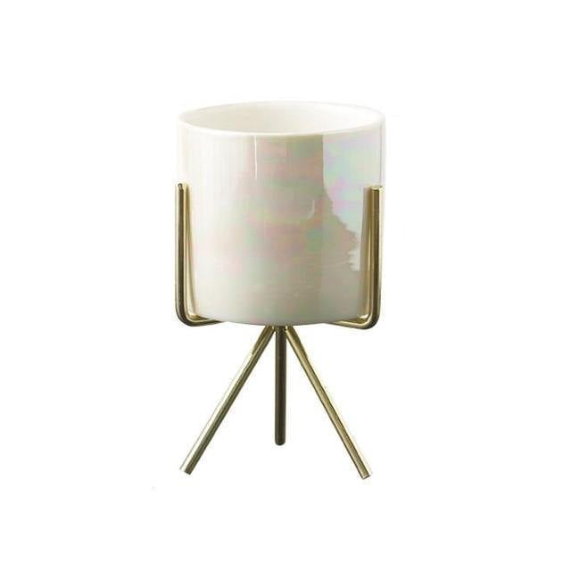 Short Tabletop Ceramic Planter with Geometric Metal Stand Pearlescent Ivory / Medium / Without Hole | Sage & Sill