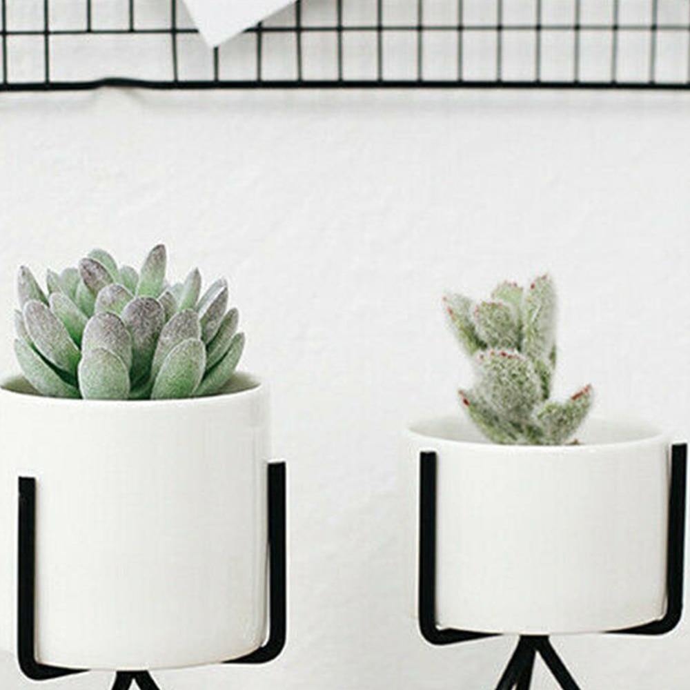 Long Tabletop Ceramic Planter with Geometric Iron Stand