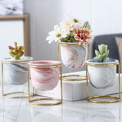 Marbled Ceramic Planter with Gold Metal Plant Stand