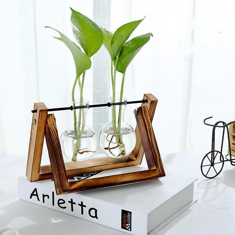 Glass Propagation Vase with A-Frame Wooden Stand