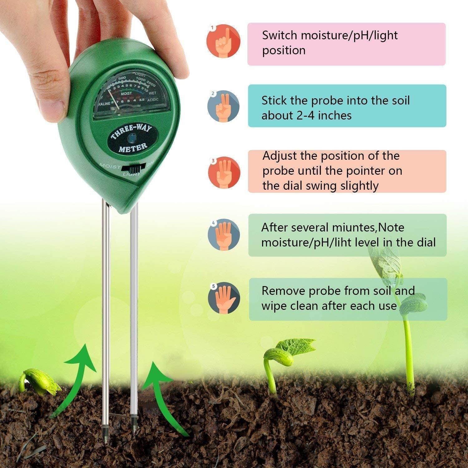 جهاز قياس رطوبة التربة والضوء ودرجة الحموضة 3 في 1 بدون بطارية