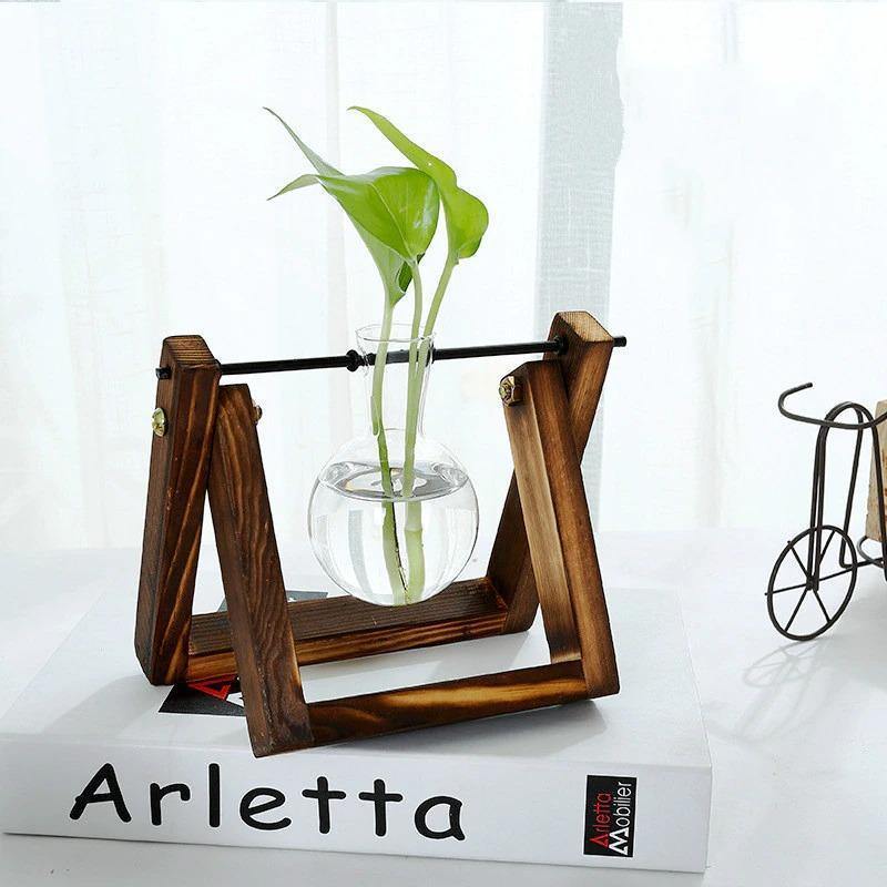 مزهرية زجاجية للنشر مع حامل خشبي على شكل حرف A